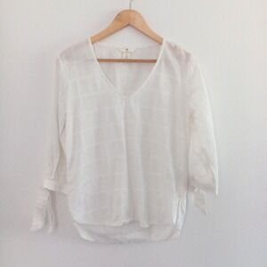 H & M Blouse Tunic Top Womens XS Linen Blend V Neck White Lightweight Tie Sleeve